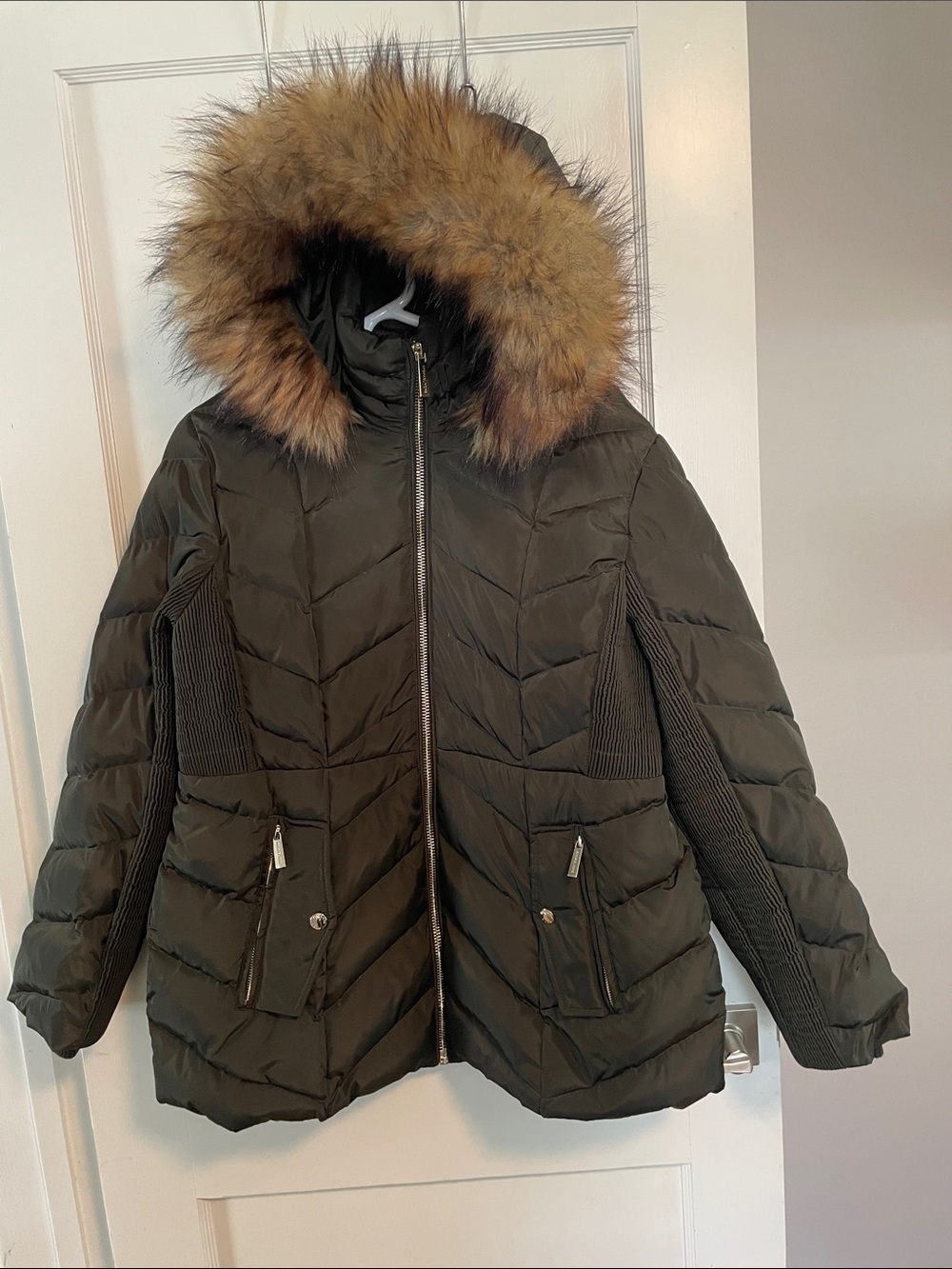 Michael Kors Olive Green Puffer Jacket with Faux Fur
